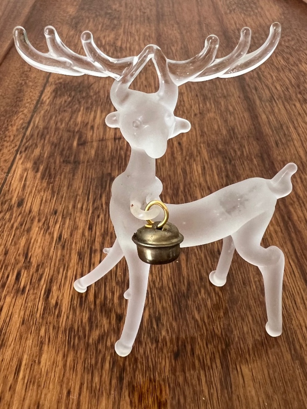 Vintage Christmas Holiday Glass Art Frosted Reindeer with Brass Bell Handmade